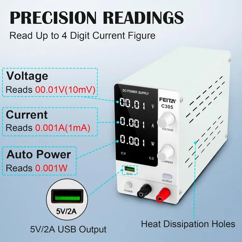 Vista 5 de FEITA Fuente de alimentación de CC variable, 30 V 5 A, fuentes de alimentación de laboratorio de banco de alta precisión ajustable con pantalla LED
