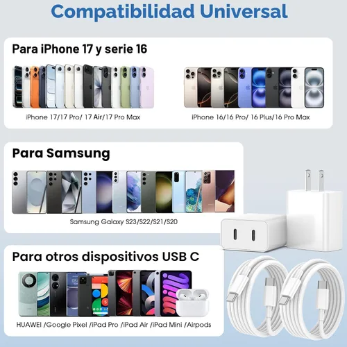 Vista 6 de Cargador para iPhone 17 Pro Max de carga rápida, 40 W Dual USB C Bloque de carga rápida con cable de carga tipo C de 6 pies para iPhone 17/17 Pro/17