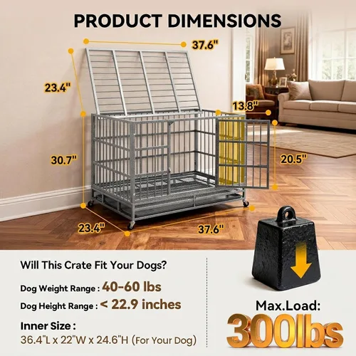 Vista 2 de Oranland Jaula de 38 Pulgadas para Perros, Resistente e Indestructible, con Ruedas, Perrera para Perros con Alta Ansiedad, Cerraduras Robustas