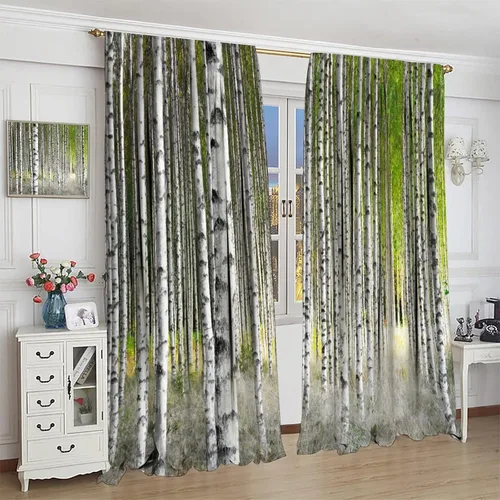 Vista 4 de Cortina opaca de bosque de verano, diseño de ramas de bosque, con bolsillo para barra, cortinas farbic con bolsillo para barra, comedor, cafetería
