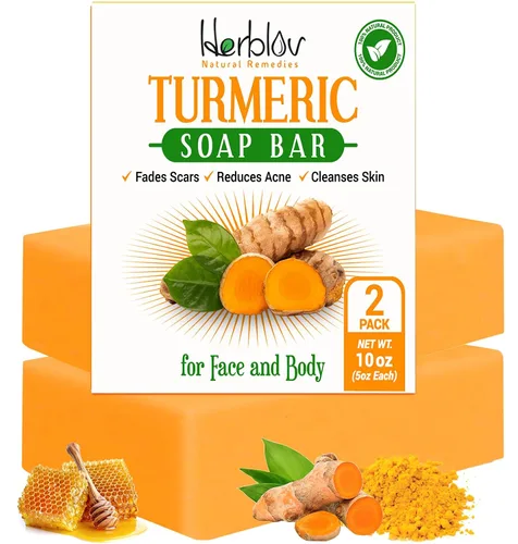 Vista 8 de Herblov Jabón de cúrcuma natural para cara y cuerpo – Jabón iluminador de la piel para manchas oscuras, áreas íntimas, axilas – Lavado facial