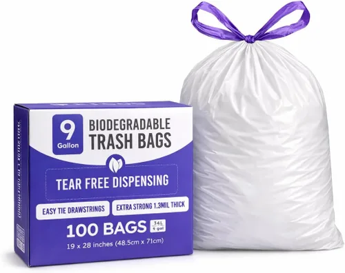 Vista 6 de Bolsas de basura biodegradables de 13 galones con cordón, 75 unidades, bolsas de basura altas a base de plantas de 1.4 mil de grosor con práctica