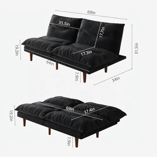 Vista 2 de DreamDashio Sofá cama futón, sofá futón de 69 pulgadas con respaldo ajustable, sofá cama convertible de pana, reclinable plegable para apartamento