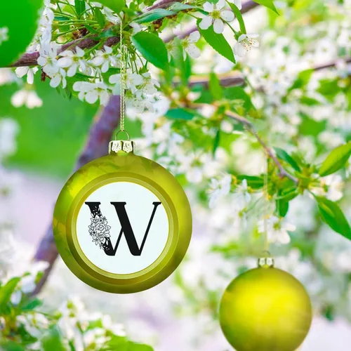 Vista 5 de Adornos de bola de iniciales, monograma floral negro, letra del alfabeto, inicial W, adornos de bola para decoración del árbol de Navidad, adornos