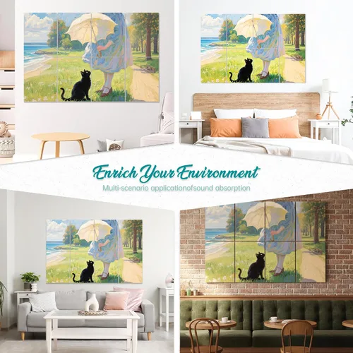 Vista 6 de Paneles acústicos artísticos de 48 x 32 x 0.4 pulgadas, paraguas, gato y mar, absorción de sonido, decoración de pared autoadhesiva a prueba