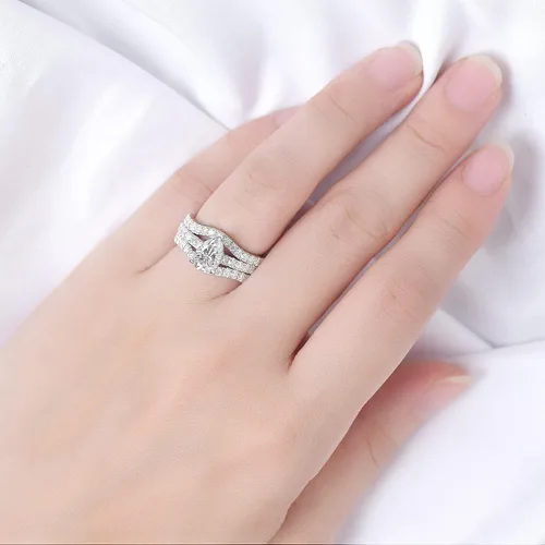 Vista 5 de DovEggs Center 2ct 6X9mm G-H-I Color Pear Shaped Moissanite Hidden Halo Engagement Ring Curved Enhancer Guard with accents 14k Gold QUALITY Silver