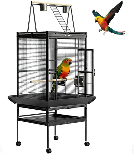 Vista 9 de Jaula para pájaros de 61 pulgadas con parte superior de juego, jaula para pájaros extra grande con perchas de madera, alimentador para periquitos