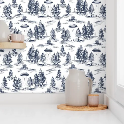 Vista 8 de Despegar y pegar papel pintado Swatch - UFO Toile Alien pequeña escala azul blanco espacio caprichoso papel pintado personalizado extraíble por