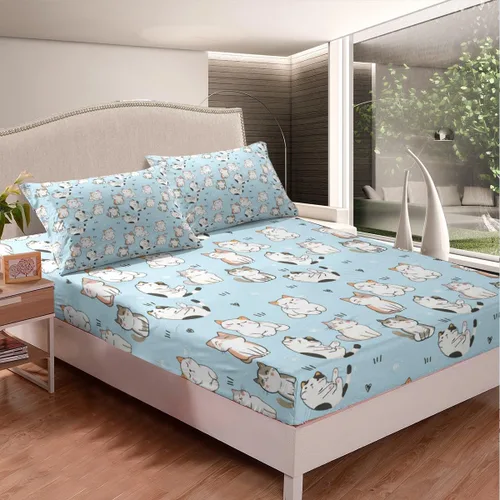 Vista 3 de Erosebridal Juego de sábanas con diseño de gato tamaño individual, sábana encimera Kawaii Garfield para niños y niñas, sábanas con huellas de patas