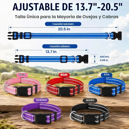 Vista 2 de Paquete de 5 collares reflectantes de cabra con campanas, collar negro+rojo+rosa+azul profundo+púrpura