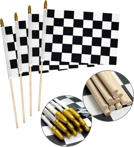 Vista 9 de 2 banderas a cuadros de 8 x 12 pulgadas, banderas de carreras en blanco y negro en palo, bandera de mano de Fórmula Uno F1 Racing con parte superior