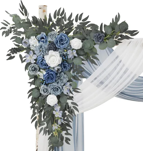 Vista 4 de Ting's time Juego de flores para arco de boda con cortinas (paquete de 4), 2 guirnaldas florales azul polvoriento y 2 cortinas de tela