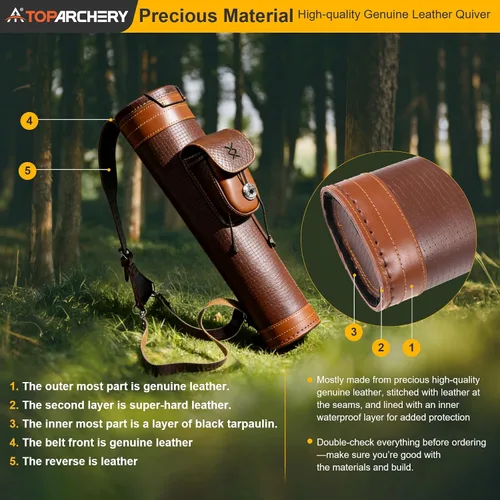 Vista 6 de TOPARCHERY - Aljaba Tradicional para Hombro y Espalda de Cuero con Bolso Grande, Correas Hechas a Mano, Marrón