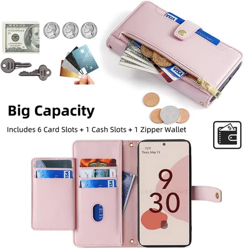 Vista 4 de Asuwish Funda de teléfono para Google Pixel 6 Pro Wallet Cover y protector de pantalla con cremallera para tarjetero, soporte de ranura de cuero Oro