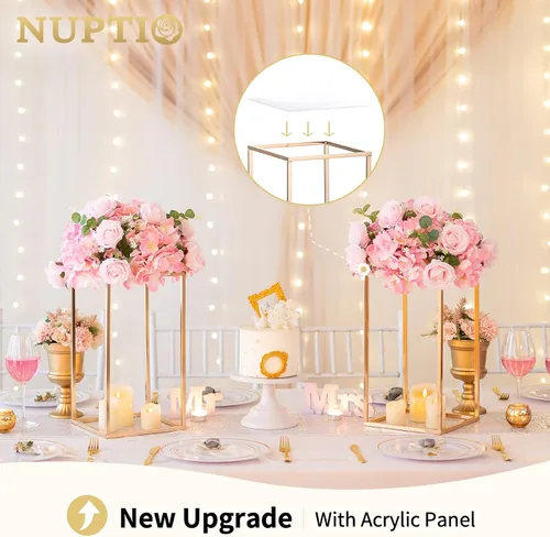 Vista 2 de NUPTIO Jarrón rectangular de metal dorado, 2 piezas de 15.75 pulgadas de alto, elegante centro de mesa floral para boda, casa nueva, día