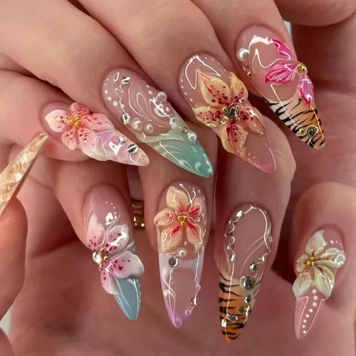 Vista 16 de Uñas largas a presión con estampado de leopardo de aguja rosa y blanco, punta francesa, uñas postizas a presión con diseño de bolas de acero