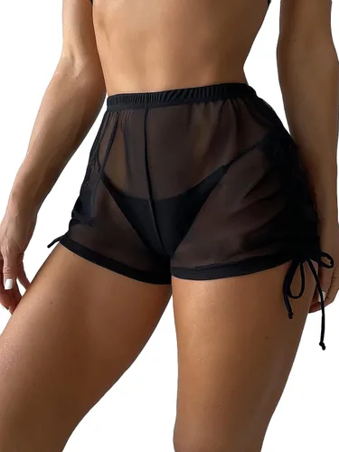 Vista 2 de Pantalones cortos de bikini con cordón lateral de malla transparente para playa y verano
