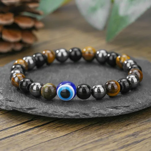 Vista 9 de Pulsera de triple protección con cuentas de ojo de tigre, obsidiana negra y hematita para hombres y mujeres, cuentas de piedras naturales y cristal