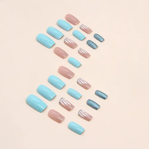 Vista 3 de Uñas postizas cortas cuadradas con forma de ataúd, cobertura completa, reutilizables, con pegamento, uñas adhesivas con diseños de hojas blancas
