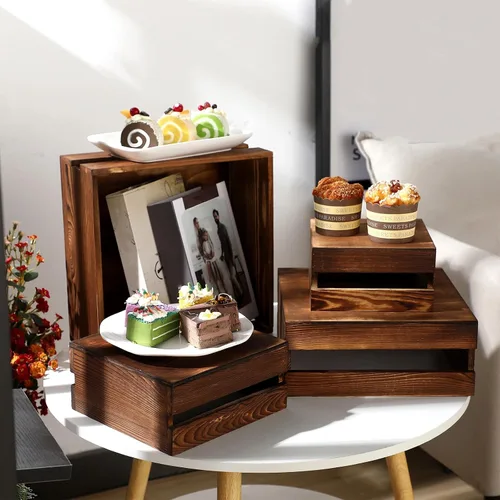 Vista 4 de Sieral 4 piezas de madera para cupcakes, soporte decorativo para postres, aperitivos, pasteles, caja de madera rústica, para almacenamiento