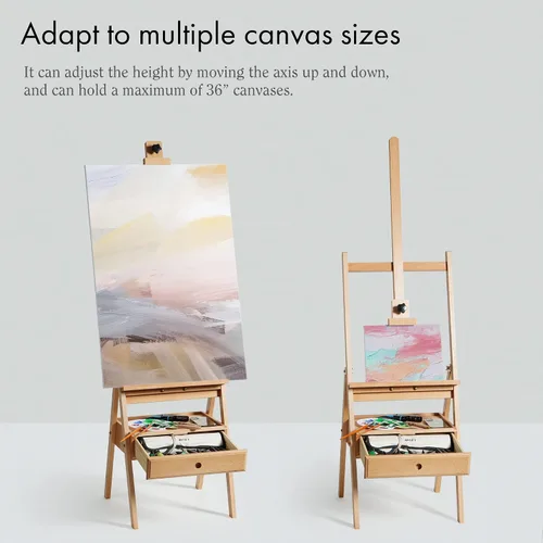 Vista 5 de ARTIFY Caballete de estudio grande de madera con marco en H con cajón de almacenamiento y estante para artistas, soporte de lona de madera de haya