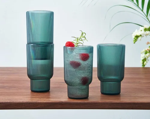 Vista 9 de Juego de 4 vasos altos de acrílico inastillables, estilo europeo, aptos para lavavajillas, acanalados, juego de 4, tritán estriado, plástico Naranja