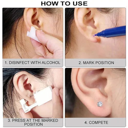 Vista 6 de Kit de piercings de oreja, kit de perforación de oreja sin dolor, kit de pistola de perforación de oreja fácil de usar con aretes de plata de 0.118
