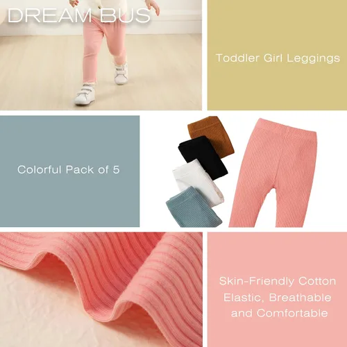 Vista 4 de DREAM BUS Paquete de 5 pantalones de bebé para niña, pantalones acanalados con volantes acampanados, leggings para bebé, pantalones acampanados