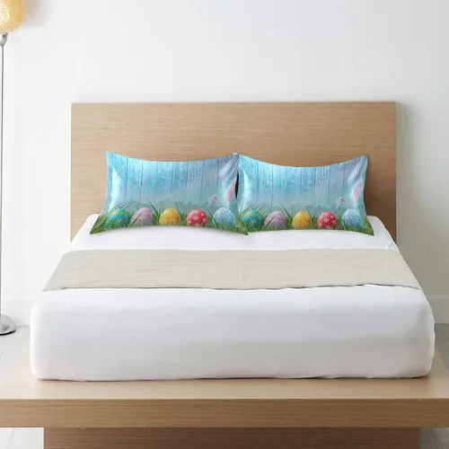 Vista 6 de Nander Funda de almohada de satén estándar de Pascua, huevos coloridos y orejas de conejo, funda de almohada para el hogar, funda de almohada suave