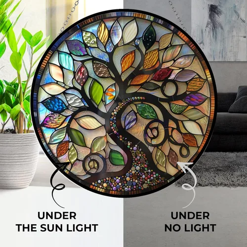 Vista 3 de Atrapasol de vidrio emplomado bohemio con diseño de árbol de la vida para 4 estaciones, colorido adorno de pared de ventana pintado a mano, regalo