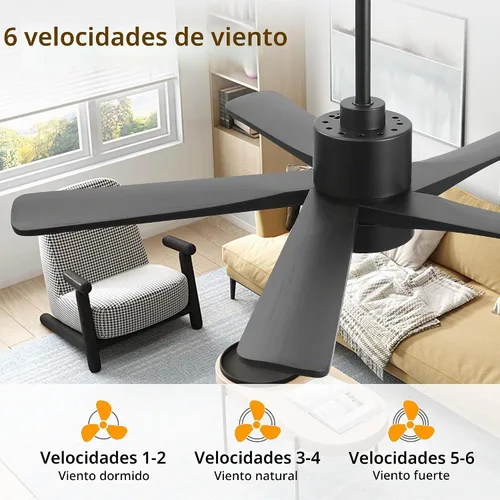 Vista 5 de WINGBO Ventilador de techo CC de 48 pulgadas con luces y control remoto, 5 cuchillas de madera maciza tallada, motor CC reversible de 6 velocidades