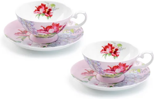 Vista 4 de Gracie Bone - Tazas y platillos de niebla de peonía de porcelana (morado)