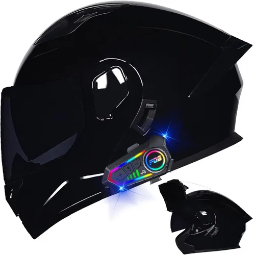Vista 32 de Casco modular Bluetooth para motocicleta, aprobado por DOT, de cara completa, abatible, antivaho, doble visera, casco de motocicleta de calle, LENTE