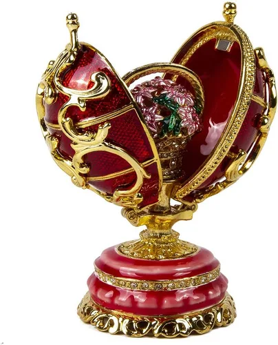 Vista 4 de Caja de regalo de joyería para collar, huevo de Faberge, adorno doble, caja de joyería de huevo imperial rojo (mediana), 3.35 x 2.2 pulgadas