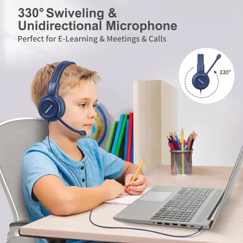 Vista 2 de SIMOLIO - Auriculares con cable para la escuela con micrófono, auriculares estéreo para niños con micrófono giratorio flexible para estudiantes K12