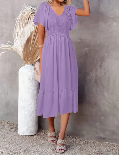 Vista 3 de MEROKEETY Vestido midi casual de verano 2023 con cuello en V y mangas fruncidas y cintura alta con bolsillos