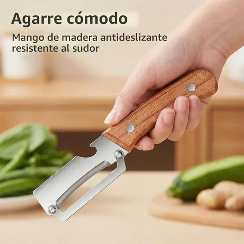 Vista 6 de Pelador de verduras multifuncional para cocina, hoja de acero inoxidable ultra afilada con mango de madera y abridor de botellas, para frutas y 1