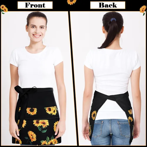 Vista 4 de Jetec 2 Pcs Waist Apron with 6 Pockets and Leather Server Book for Waitress Patterned Server Half Apron with Zipper for Women