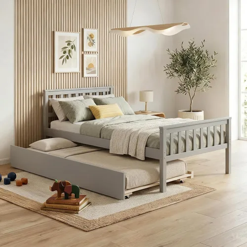 Vista 9 de VECELO Twin Size Platform Bed with Trundle, Solid Wood Twin Bed Frame with Slat Support, 400lbs+200lbs Weight Capacity, No Box Spring Needed