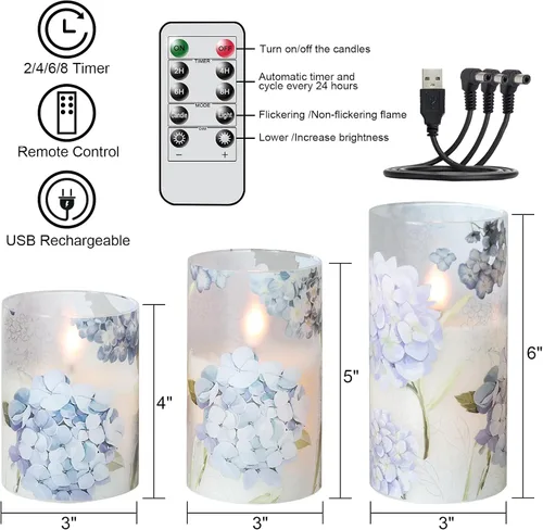 Vista 2 de Velas recargables de vidrio de hortensias sin llama con temporizador remoto, funciona con pilas, velas LED parpadeantes de cera real, decoración