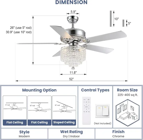 Vista 7 de Ventilador de techo de cristal con luces, ventilador de candelabro moderno con control remoto, ventilador de techo cromado reversible, lámpara
