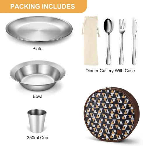 Vista 3 de Odoland Juego de utensilios de cocina de acero inoxidable para acampar para familia y persona, cubiertos de vajilla de cocina con platos, tazones