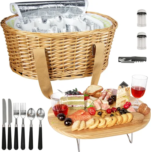 Vista 8 de Hap Tim Juego de Cesta de Picnic de Mimbre para 2 con Mini Mesa Plegable de Vino para Picnic y Bolsa Refrigeradora Grande Aislada y Kits de Servicio