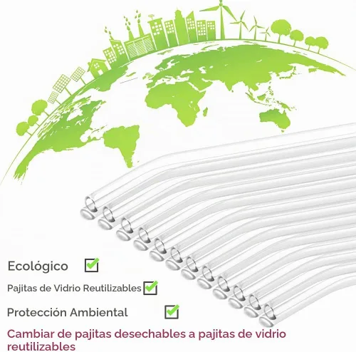 Vista 7 de Paquete de 12 popotes de vidrio reutilizables - 8" x 8 MM, popotes de vidrio curvos para beber con 2 cepillos de limpieza, popotes reutilizables