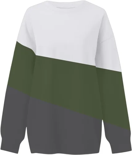 Vista 3 de Sudadera para mujer, casual, cuello redondo, manga larga, bloque de color, suave, holgada, con bolsillo, S-2XL