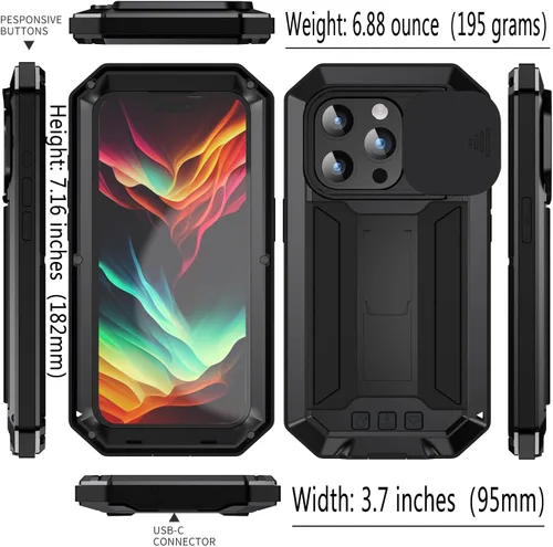 Vista 2 de Lunivop Funda para iPhone 15 Pro Max, protección resistente, tornillo de cuerpo completo, de goma de metal de grado militar, con soporte duro Negro