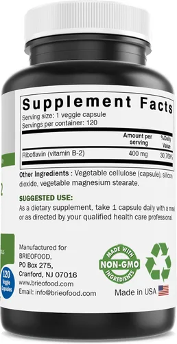 Vista 3 de Brieofood Vitamina B2 (riboflavina) 400 mg, 120 cápsulas vegetarianas, sin gluten, sin OMG