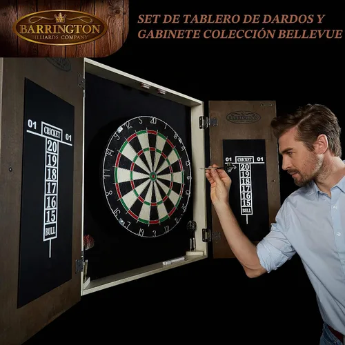 Vista 7 de Gabinete de dardos de madera Barrington Bellevue con tablero de dardos de cerdas de 18 pulgadas y juego de dardos de punta de acero, perfecto