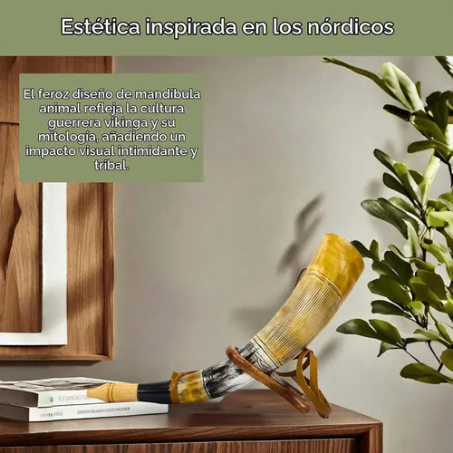 Vista 8 de Cuerno vikingo de soplado Trompeta de cuerno de buey genuina Herramienta de caza de cornetas vikingas con soporte de madera Ideal