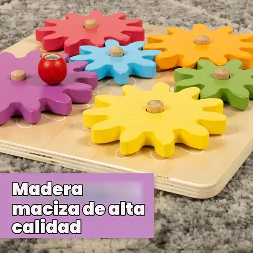 Vista 8 de Spark & Wow Spinny Gears - Tabla de engranajes de madera con 6 piezas en 3 tamaños Juguetes de causa y efecto Crea combinaciones coloridas